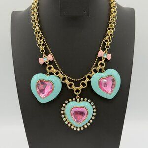 Betsey Johnson Candy Land Heart Necklace Retired Statement Aqua Blue Pink